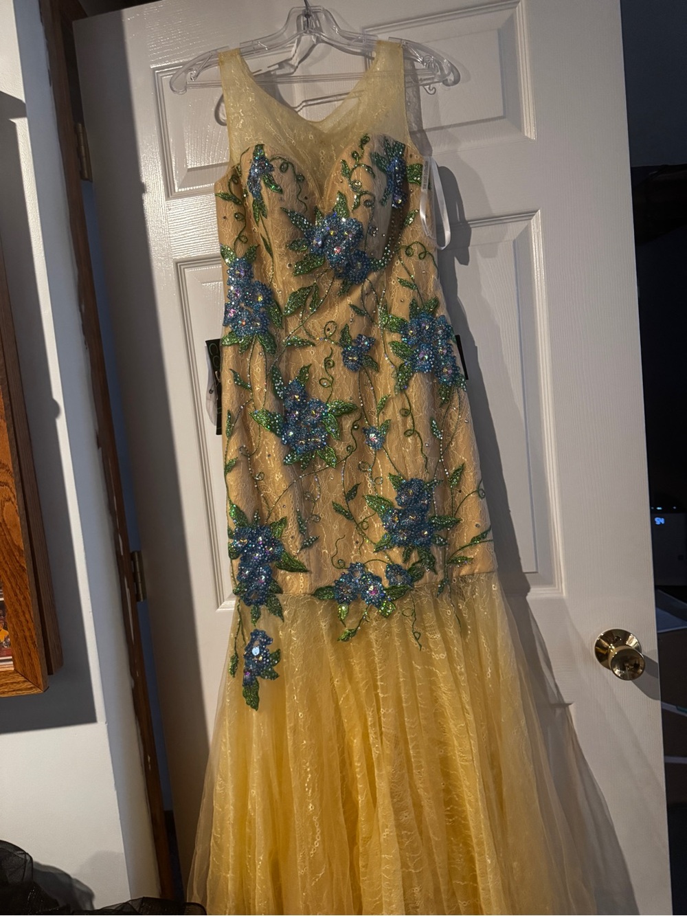 Yellow Tulle juniors ' Dress with Blue Floral Sequin Embroidery